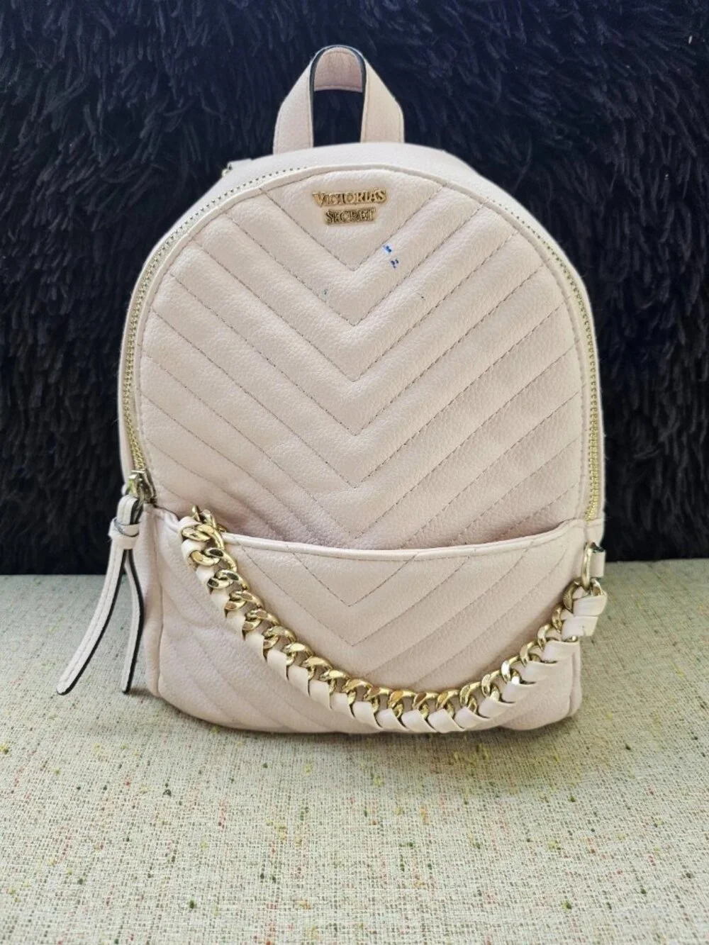 Victoria Secret Women Bag Pink Faux Vegan Leather Backpack V Quilt Purse